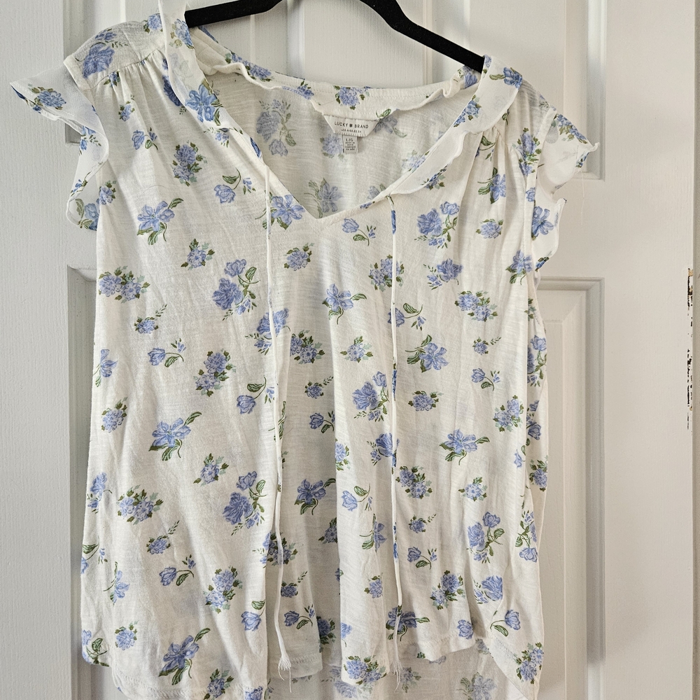 Floral Ruffle Sleeve Top - Blue and White